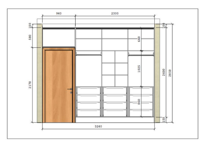 Print de um projeto de guarda-roupa em MDF aberto no software Promob, com cotas e medidas detalhadas