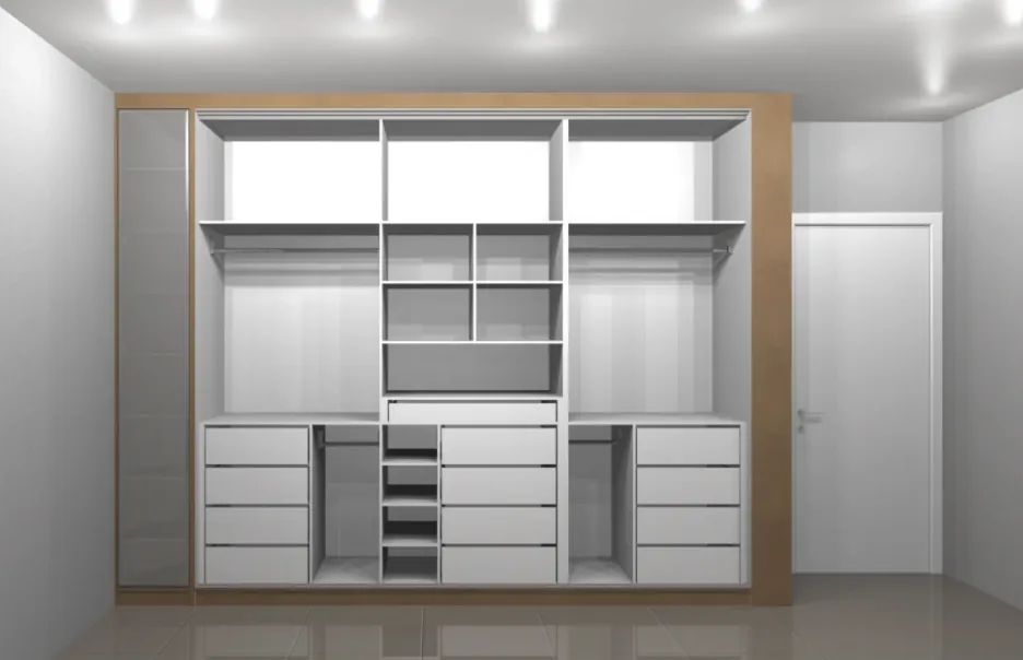 Render de um guarda-roupa planejado em MDF do kit, com prateleiras, gavetas e áreas de armazenamento organizadas
